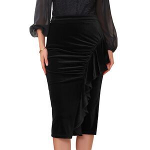 Women Bodycon Skirt Ruffled Ruched Formal Midi Velvet Skirt Black